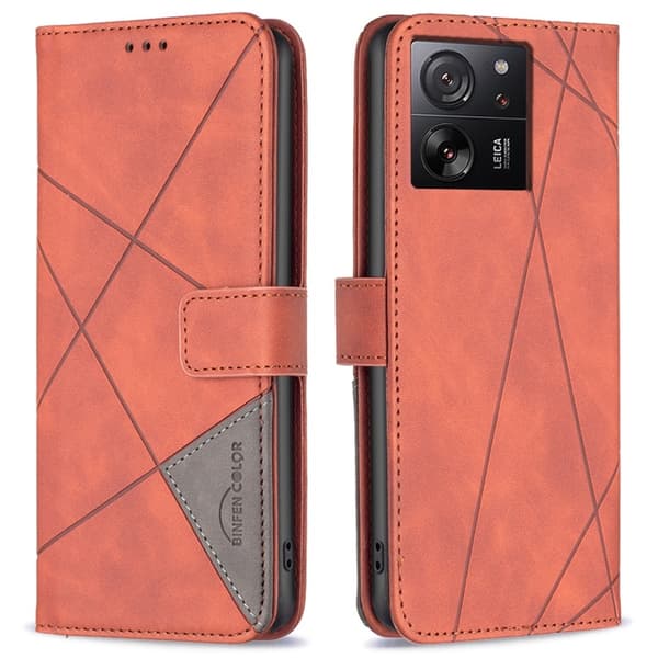 Xiaomi 13T/13T Pro BINFEN COLOR Kohokuvioitu Lompakkokotelo - Ruskea