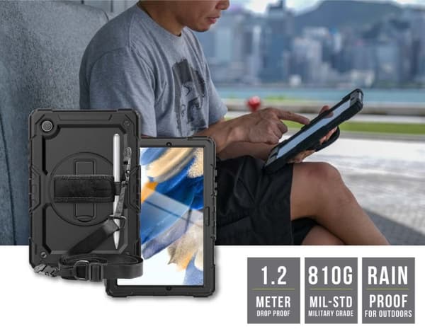 Armor-X Samsung Galaxy Tab A8 Kuori Rainproof Rugged Case Hand Strap Kickstand