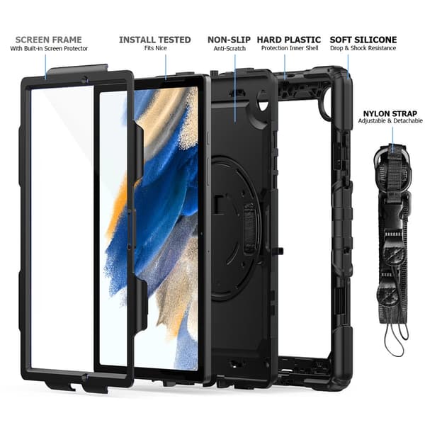 Armor-X Samsung Galaxy Tab A8 Kuori Rainproof Rugged Case Hand Strap Kickstand