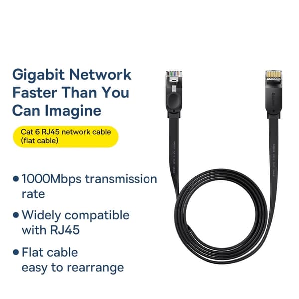 Baseus 2m Cat6 Platt RJ45 Nätverkskabel Svart