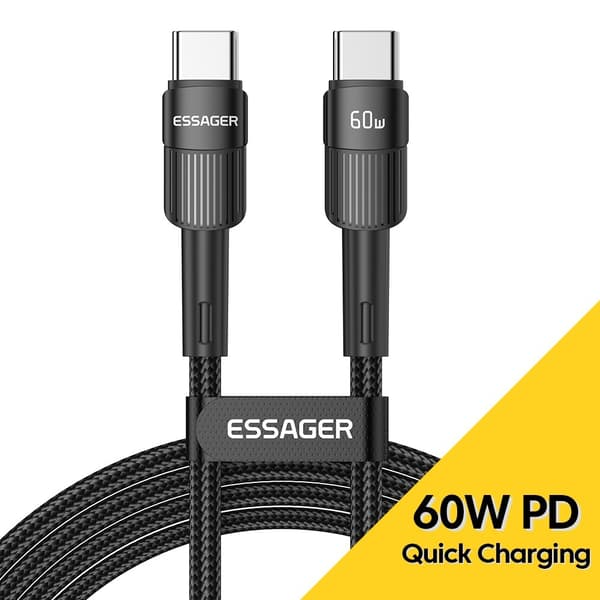 ESSAGER 3m 60W PD USB-C - USB-C Laddningskabel Svart