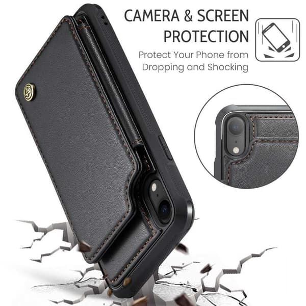 CaseMe iskunkestävä kansi korttitelineen jalusta 4-lokeroinen iPhone XR musta