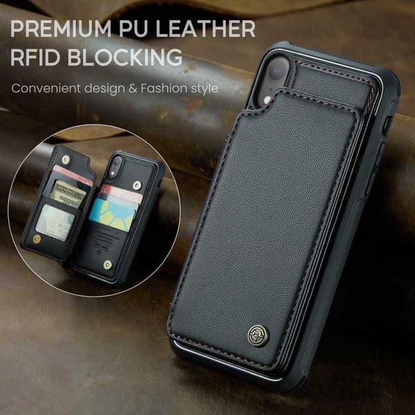 CaseMe iskunkestävä kansi korttitelineen jalusta 4-lokeroinen iPhone XR musta