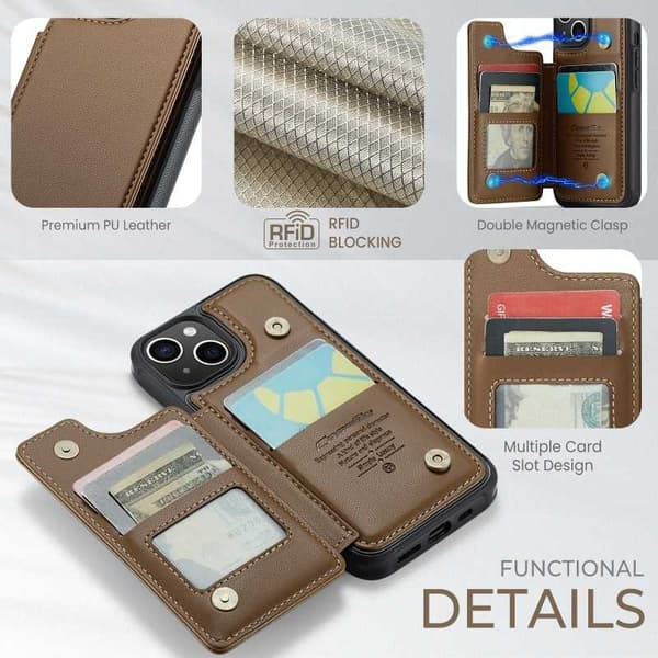 CaseMe Shockproof Cover Kortholder Stander 4-rums iPhone 14 Brun
