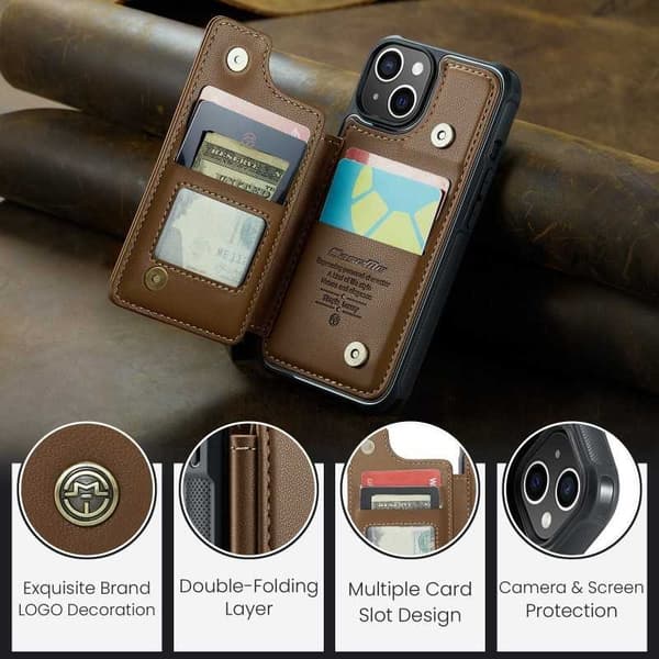 CaseMe Shockproof Cover Kortholder Stander 4-rums iPhone 14 Brun