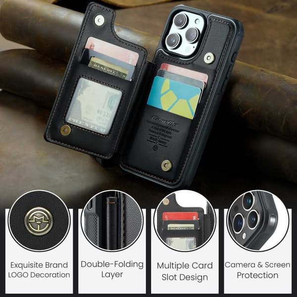 CaseMe Shockproof Cover Kortholder Stander 4-rums iPhone 15 Pro Sort