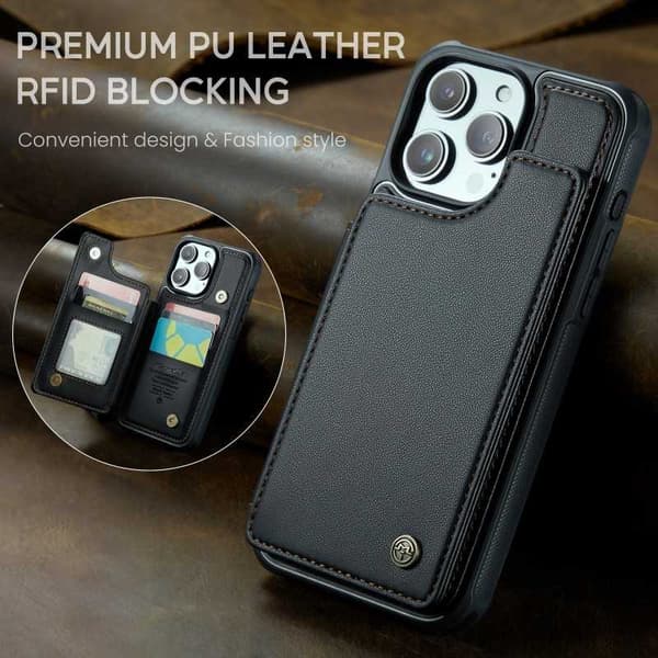 CaseMe Shockproof Cover Kortholder Stander 4-rums iPhone 15 Pro Sort