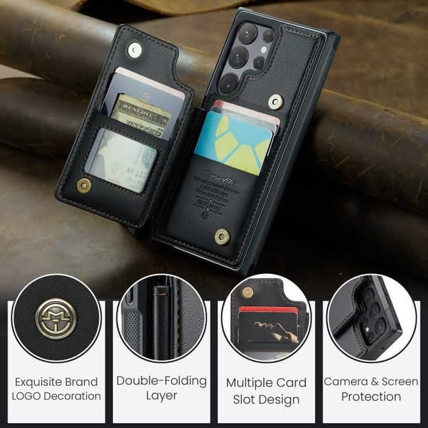 CaseMe Shockproof Cover Kortholder Stander 4-rums Samsung S22 Ultra Sort
