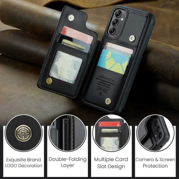 CaseMe Shockproof Cover Kortholder Stander 4-rums Samsung A14 4G/5G Sort