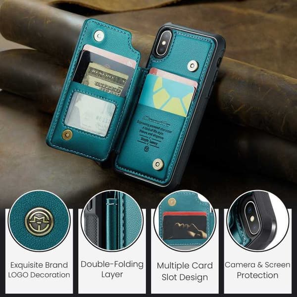 CaseMe Shockproof Cover Kortholder Stander 4-rums iPhone X / XS Grön