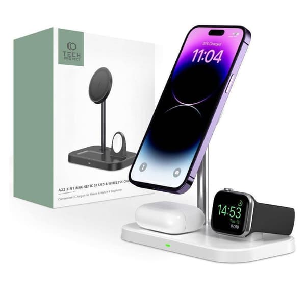 Tech-protect trådløs lader QI15W A22 3in1 Magnetic MagSafe, hvit