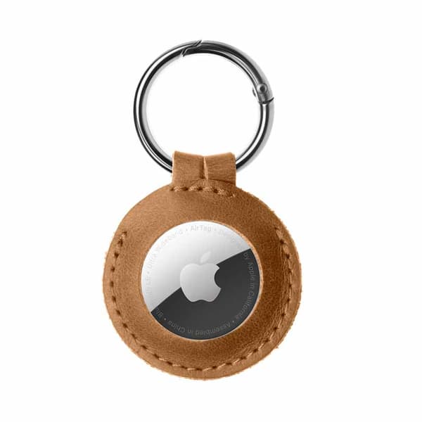 Fixed Apple AirTag Holder Real Leather Keychain Case Brun
