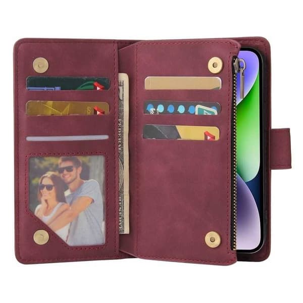 iPhone 15 Plus multifunktionelt pung etui Lynlås 8-rum
