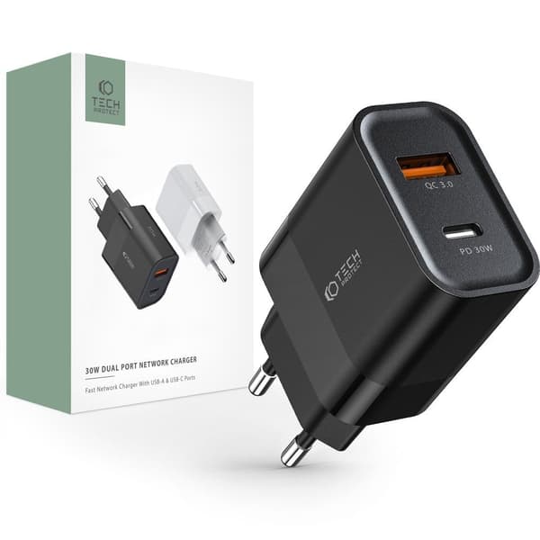 Tech-Protect 30W PD/QC USB-C / USB-A Väggladdare Svart