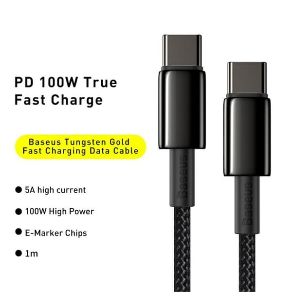Baseus 1m 100W USB-C - USB-C Kabel Tungsten Gold Series Svart