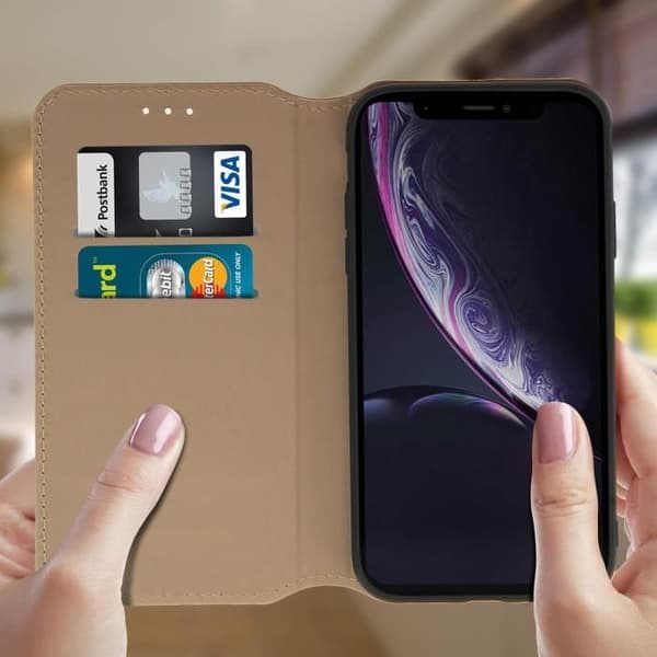 IPhone XR-fodral - MÄRKE - Fickfodral - Ekoskinn - Stödfunktion - Guld kortfack