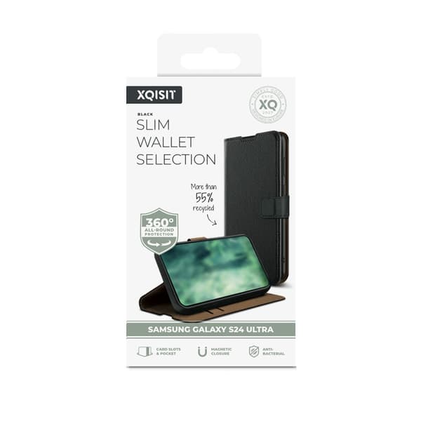 XQISIT Samsung Galaxy S24 Ultra Kotelo Slim Wallet Selection Musta