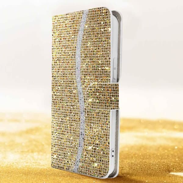 AVIZAR Glitter Disco Wallet iPhone 14 Fodral - Gul - Videostöd - Hårt skal