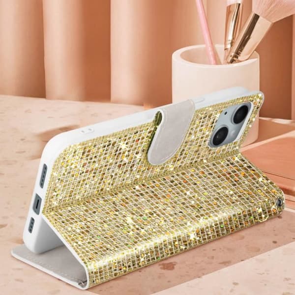 AVIZAR Glitter Disco Wallet iPhone 14 Fodral - Gul - Videostöd - Hårt skal