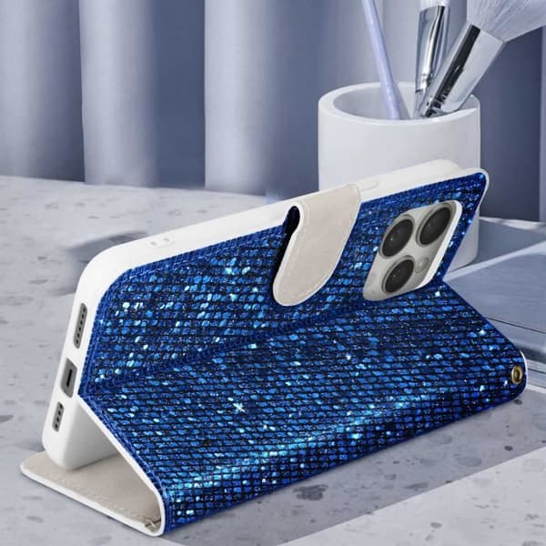 iPhone 15 Pro Max Fodral Glitter Disco Plånboksställ Video Blå