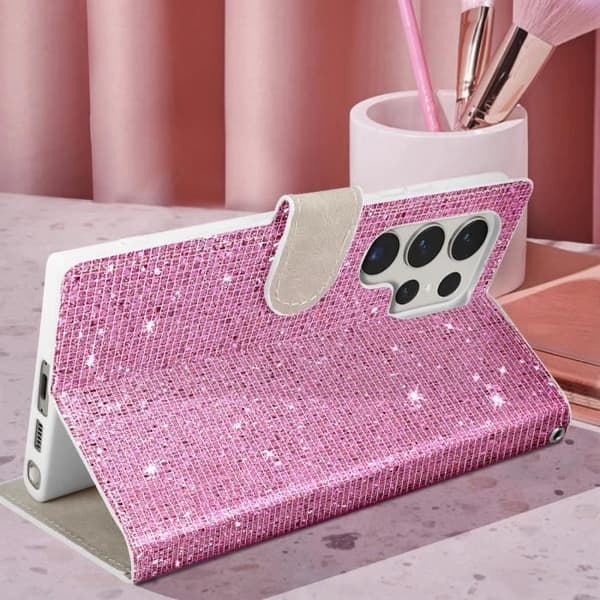AVIZAR Fodral till Samsung S23 Ultra - Rosa - Hårt skal - Disco Glitter Design - Videostöd