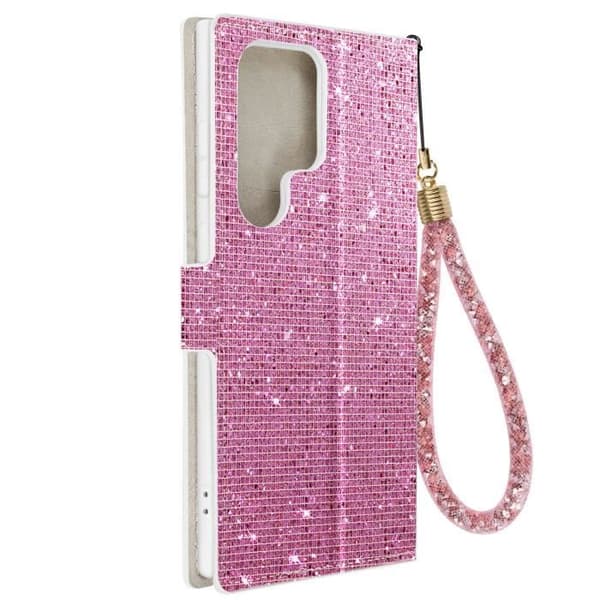 AVIZAR Fodral till Samsung S23 Ultra - Rosa - Hårt skal - Disco Glitter Design - Videostöd