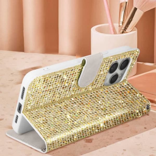 iPhone 14 Pro Fodral - AVIZAR - Glitter Disco - Plånbok - Videostöd - Guld