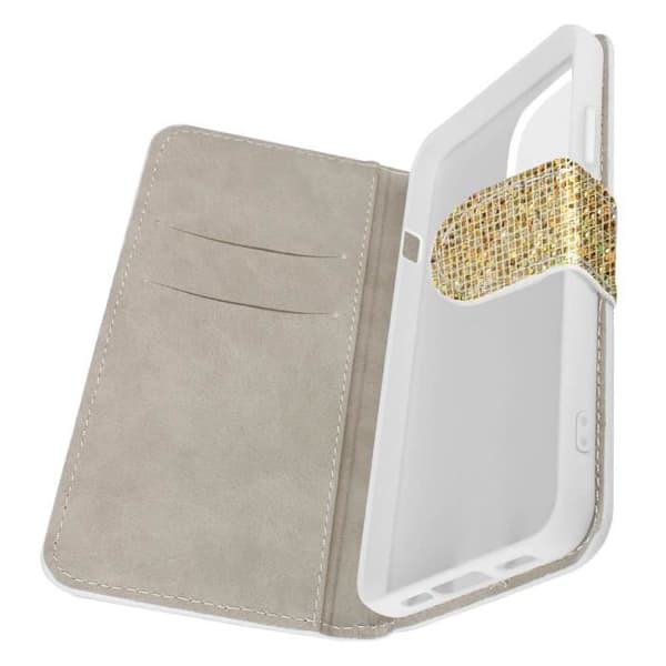 iPhone 14 Pro Fodral - AVIZAR - Glitter Disco - Plånbok - Videostöd - Guld