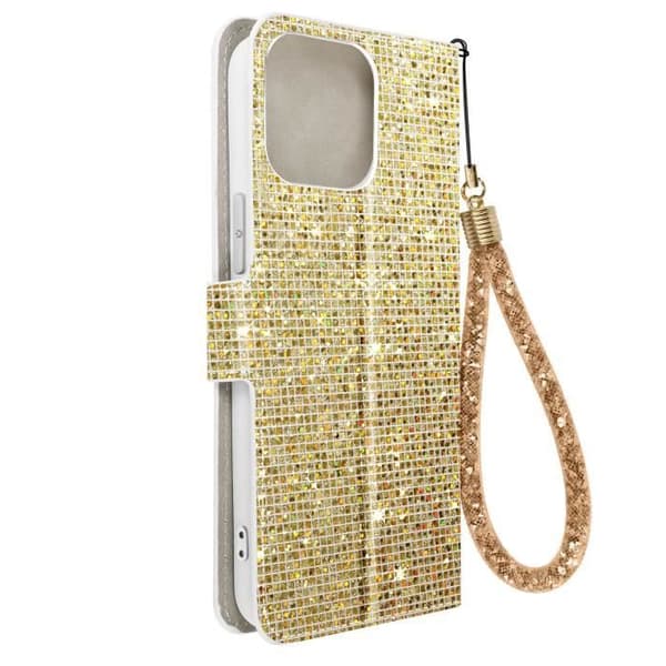 iPhone 14 Pro Fodral - AVIZAR - Glitter Disco - Plånbok - Videostöd - Guld