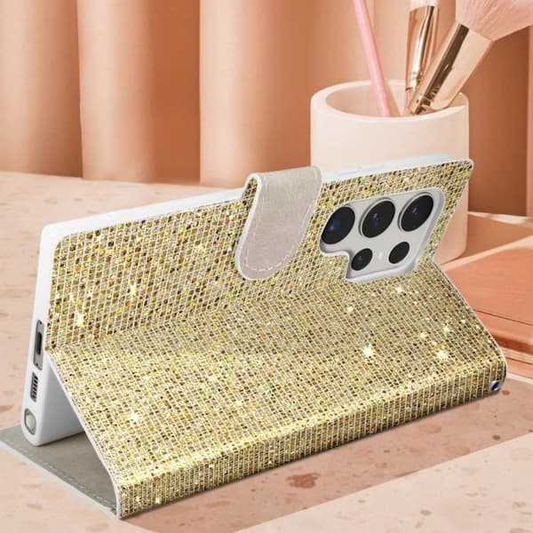 Fodral till Samsung S23 Ultra Glitter Disco Wallet Video Support Guld - AVIZAR - Hårt - Gul