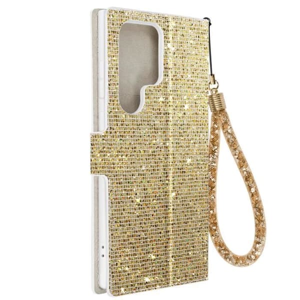 Fodral till Samsung S23 Ultra Glitter Disco Wallet Video Support Guld - AVIZAR - Hårt - Gul