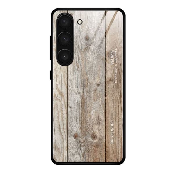 Samsung Galaxy S24 Plus skal med tryck och baksida i härdat glas - Grått trä