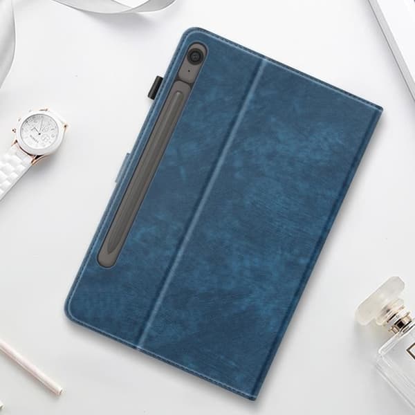Etui - Samsung - Galaxy Tab S9/S9 FE - Ekologisk läder blå - Video stöd - Kortficka