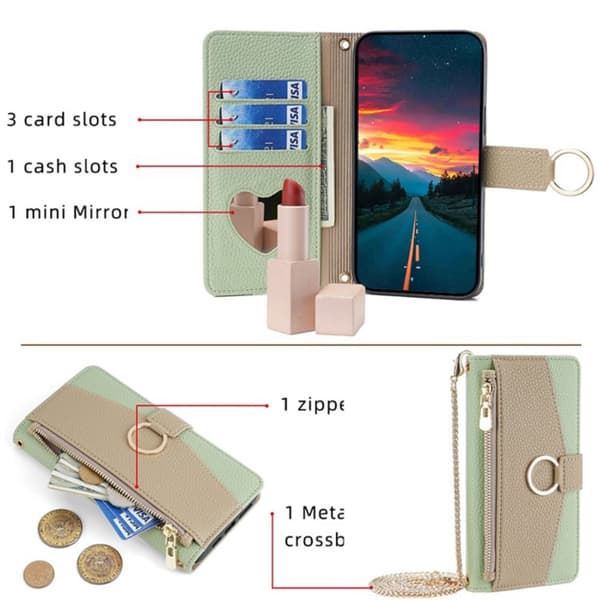 SKALO Samsung A25 5G Litchi Makeup Mirror Flip Cover - Grøn