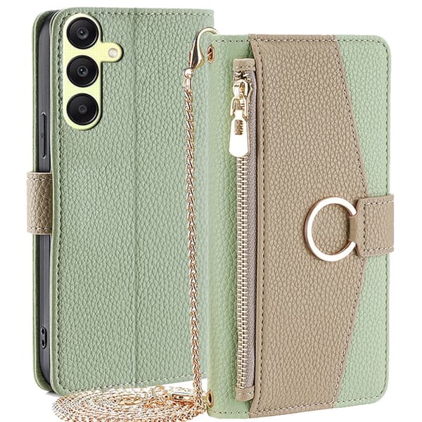 SKALO Samsung A25 5G Litchi Makeup Mirror Flip Cover - Grøn