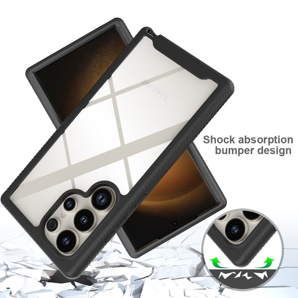 SKALO Samsung S24 Ultra Iskunkestävä Clear Hybrid Suojakuori + suojakalvo - Musta