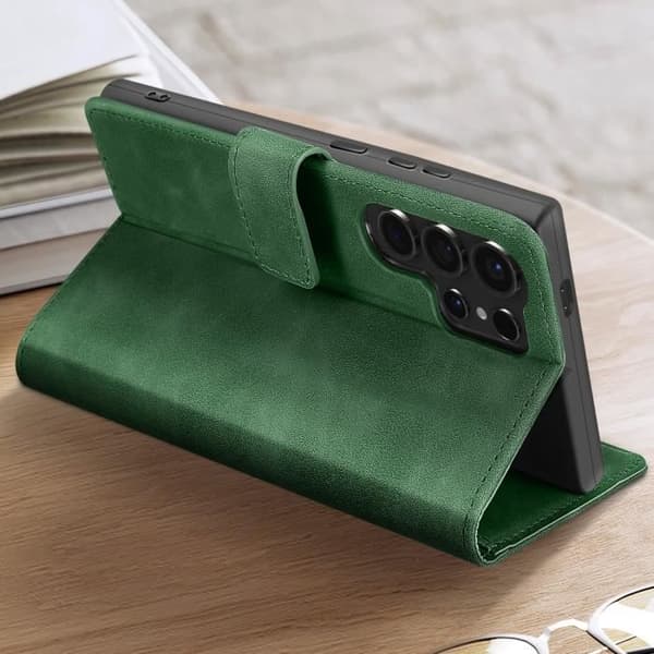 Fodral till Samsung S24 Ultra - AVIZAR - Wallet Flip Video Support - Grön - Syntet - Klaff