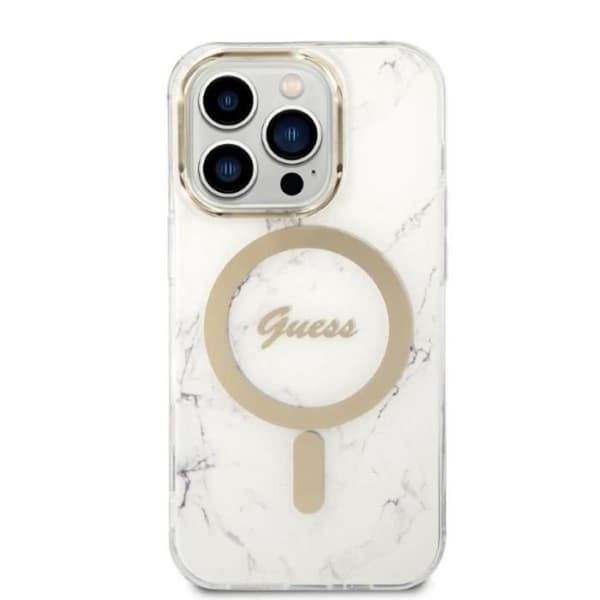Guess Bundle Pack MagSafe IML Marble - Set fodral för iPhone 14 Pro Max + MagSafe laddare (Vit/Guld) - 3666339103217