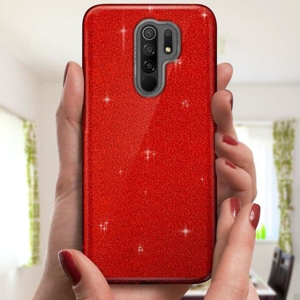 Skyddsskal - AVIZAR - Xiaomi Redmi 9 - Semi-styv silikon - Glitter - Röd