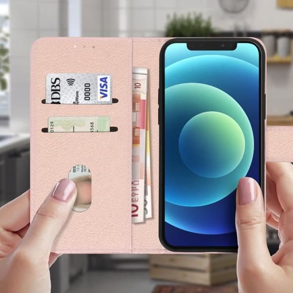 Fodral till Apple iPhone 12 - AVIZAR - Wallet Flip - Rosa - Syntet - Video Support Funktion