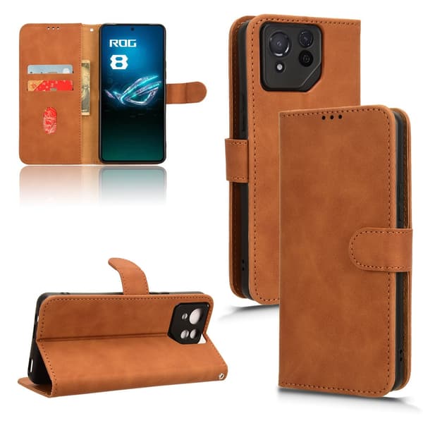 SKALO Asus ROG Phone 8 5G Matt PU Nahka lompakkokotelo - Ruskea