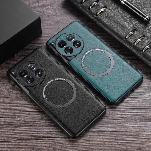 SKALO OnePlus 12 5G PU læder hybrid magnetisk ring Cover - Sort