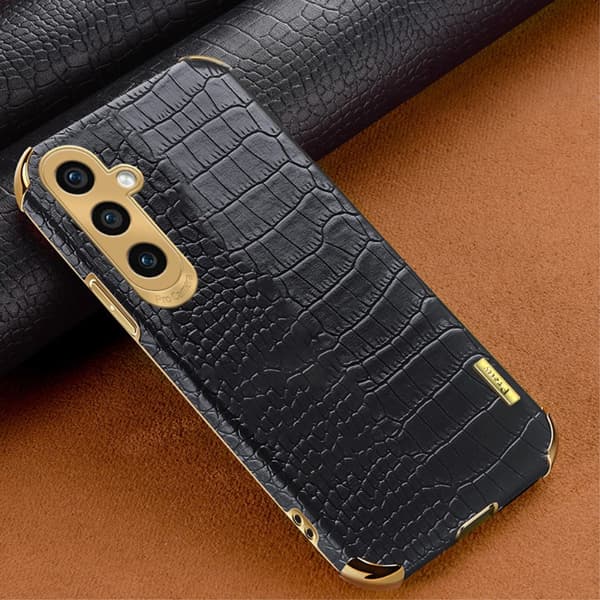 SKALO Samsung A15 4G Crocodile Guldkant Cover - Sort