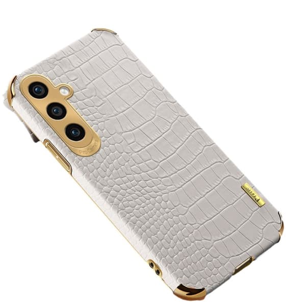 SKALO Samsung A15 4G Krokotiili Kultainen Reuna Kuori - Valkoinen