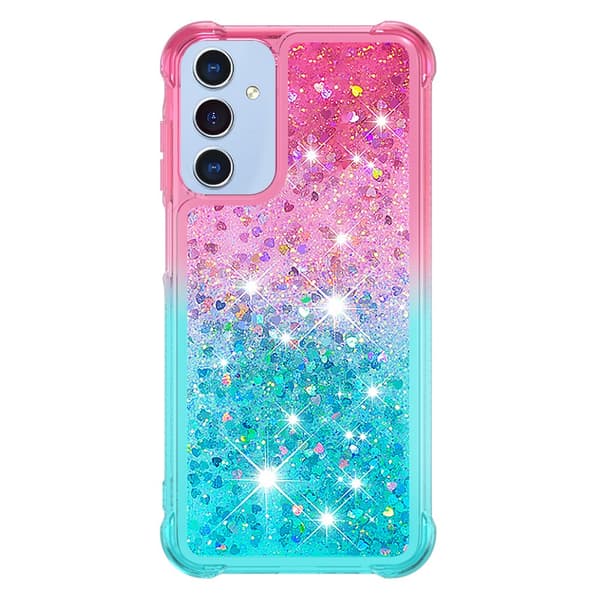 SKALO Samsung A15 5G Kvicksand Glitter Hjerter TPU Cover - Pink-Turkis