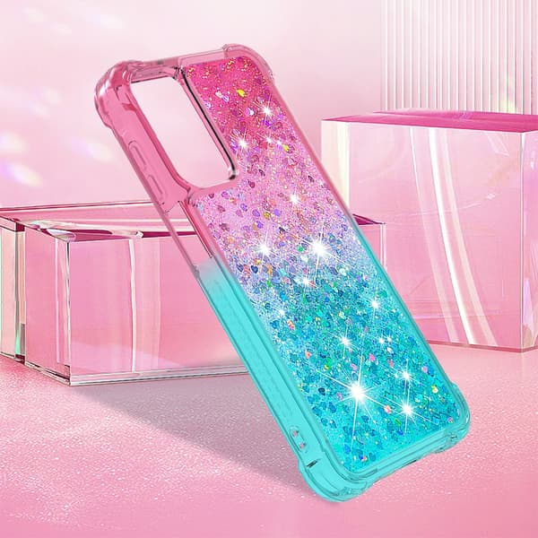 SKALO Samsung A15 5G Kvicksand Glitter Hjerter TPU Cover - Pink-Turkis