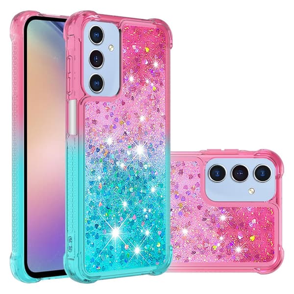 SKALO Samsung A15 5G Kvicksand Glitter Hjerter TPU Cover - Pink-Turkis