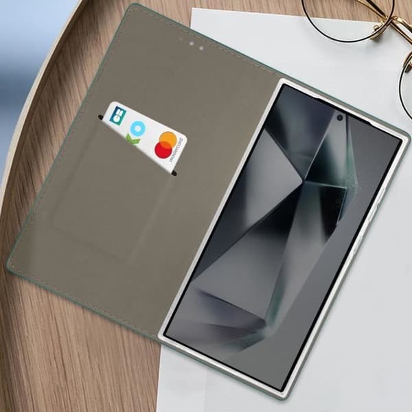 Fodral till Samsung Galaxy S24 Ultra - AVIZAR - Funktion för plånboksställ - Grön - Flik - Halvstyvt skal