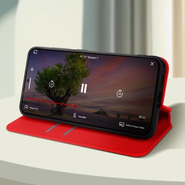 Rött halvhårt fodral till Samsung Galaxy S24 Plus med korthållare, videostöd och magnetisk flip