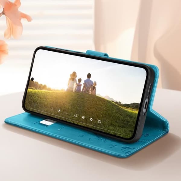 Fodral för Samsung Galaxy A55 Plånbok Flower Butterfly med handledsrem ljusblå